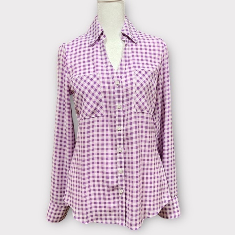 Express Portofino Blouse Purple Gingham Long Sleeve Blouse